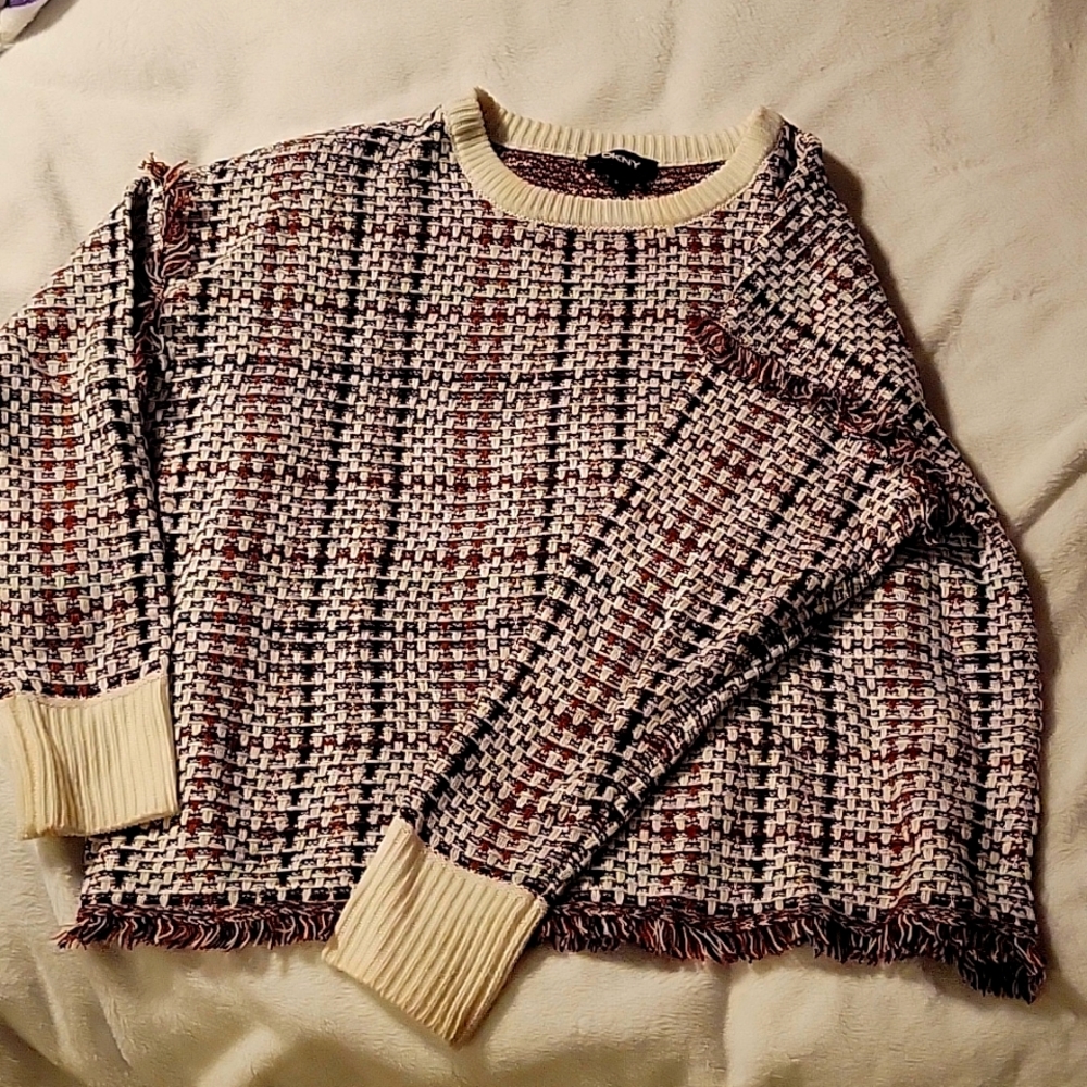 DKNY cream, brown with black and gold weave sweater.